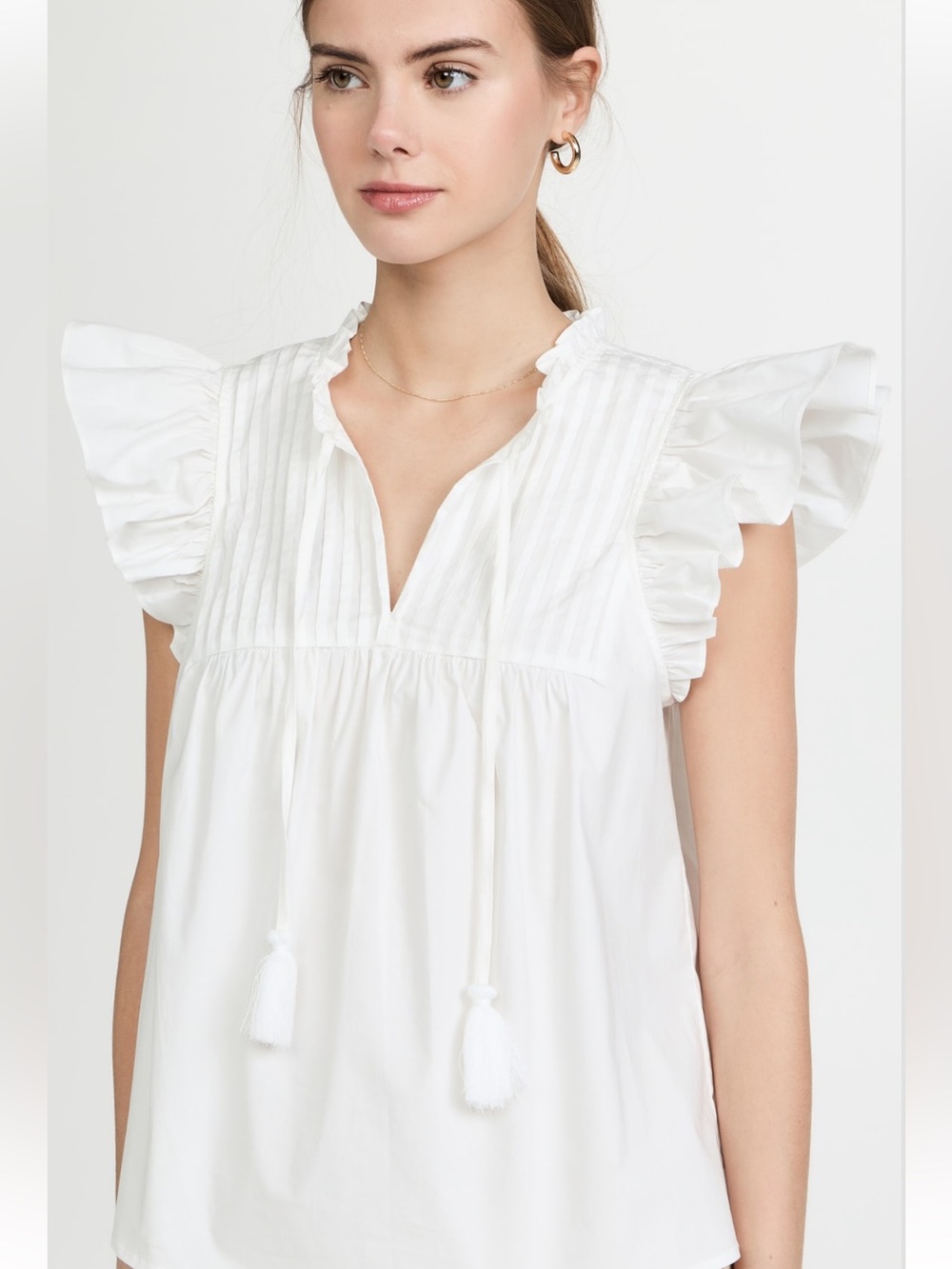 Sea New York White Ruffle-Sleeve Pintuck Cotton Camisole